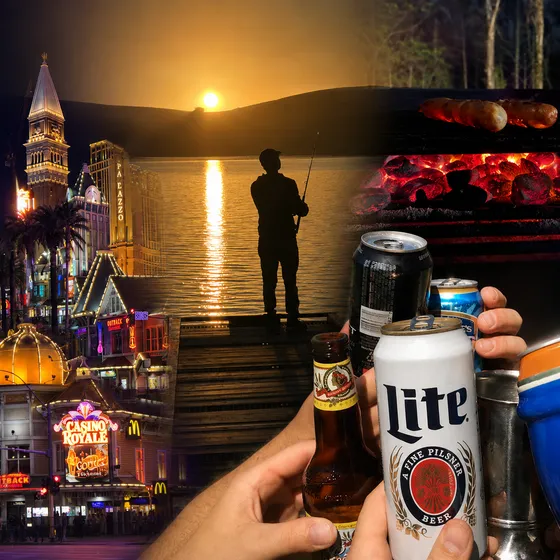 Four scenes from guys trips: the Vegas strip at night, a man fishing off a pier at sunset, sausages on a charcoal grill, and a group toasting with cans of beer