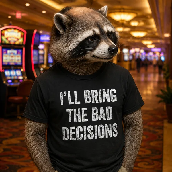 A raccoon walking a casino floor past slot machines, wearing a black shirt that reads I'll Bring the Bad Decisions