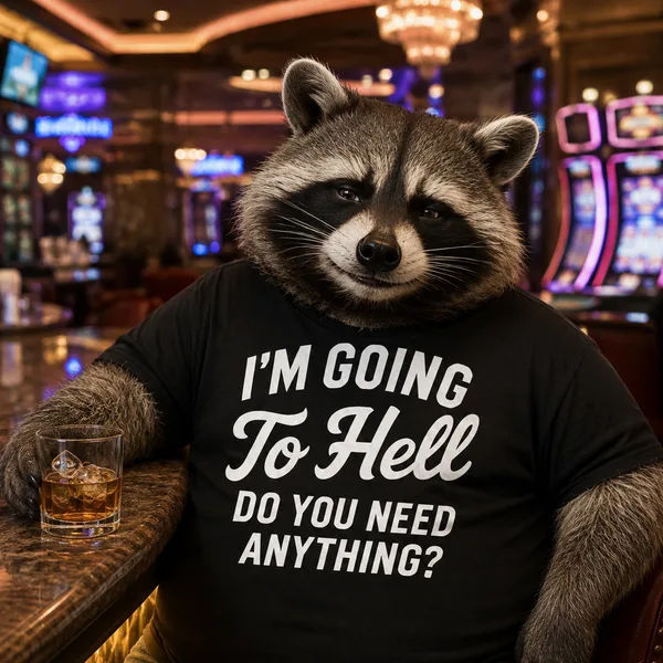 A raccoon at a casino bar with a whiskey glass, wearing a black shirt that reads I'm Going to Hell, Do You Need Anything?