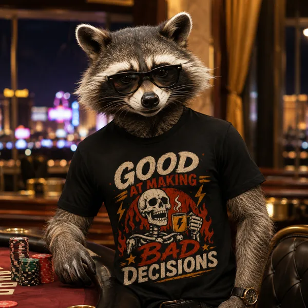 A raccoon at a poker table wearing a black shirt with a skull-and-coffee graphic that reads Good at Making Bad Decisions