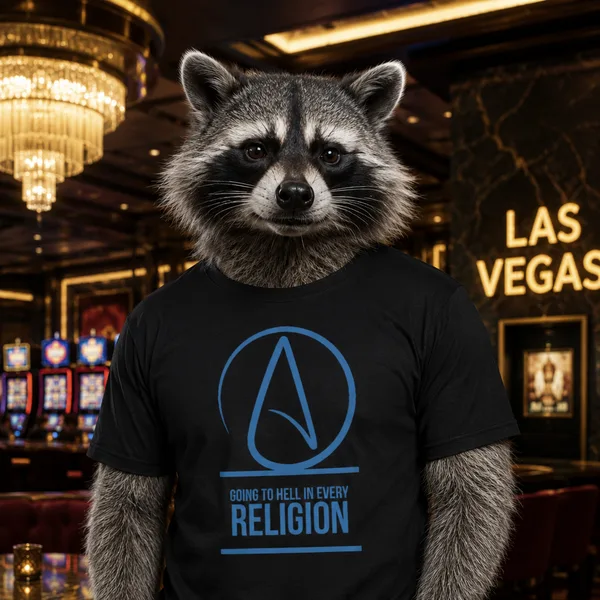 A raccoon at a Vegas casino table wearing a black shirt with a blue atheist "A" logo that reads Going to Hell in Every Religion