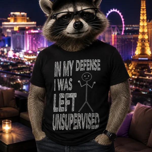 A raccoon on a rooftop lounge over the Las Vegas Strip, wearing a black shirt with a stick figure that reads In My Defense I Was Left Unsupervised