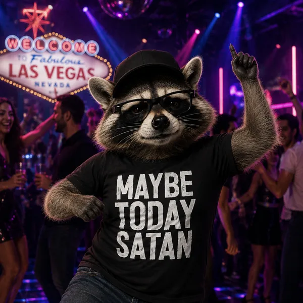 A raccoon dancing under the Welcome to Fabulous Las Vegas sign, wearing a black shirt that reads Maybe Today Satan