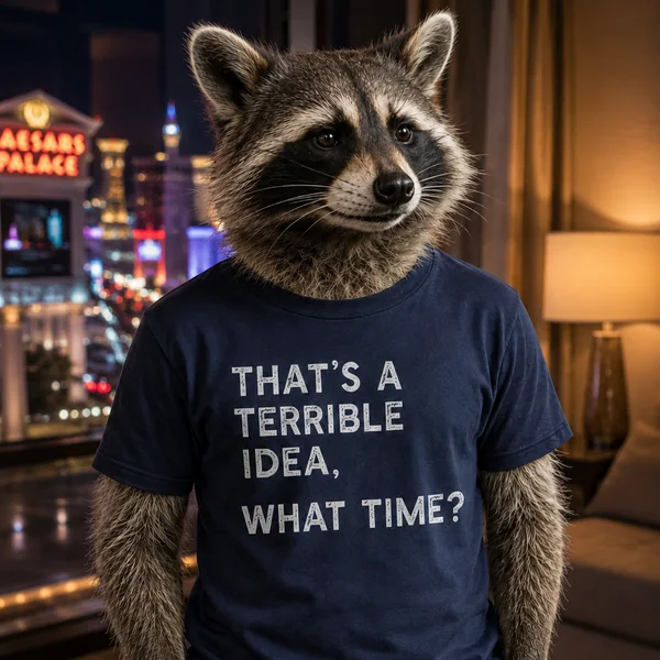 A raccoon wearing a navy shirt with a joke printed on it