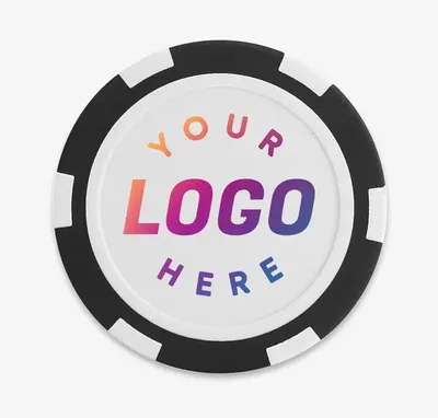 A blank black and white poker chip mockup with YOUR LOGO HERE printed across the centre inlay