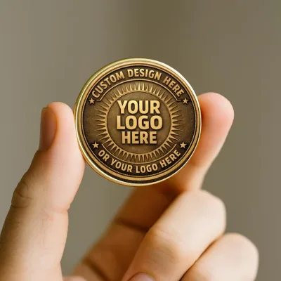 A hand holding a blank brass challenge coin mockup reading CUSTOM DESIGN HERE around a YOUR LOGO HERE centre