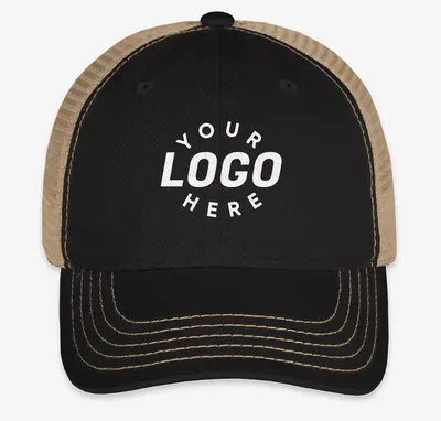A blank black and tan mesh trucker cap mockup reading YOUR LOGO HERE across the front panel