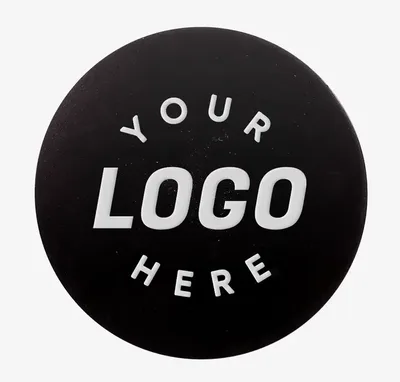 A blank round black patch mockup reading YOUR LOGO HERE in raised white lettering