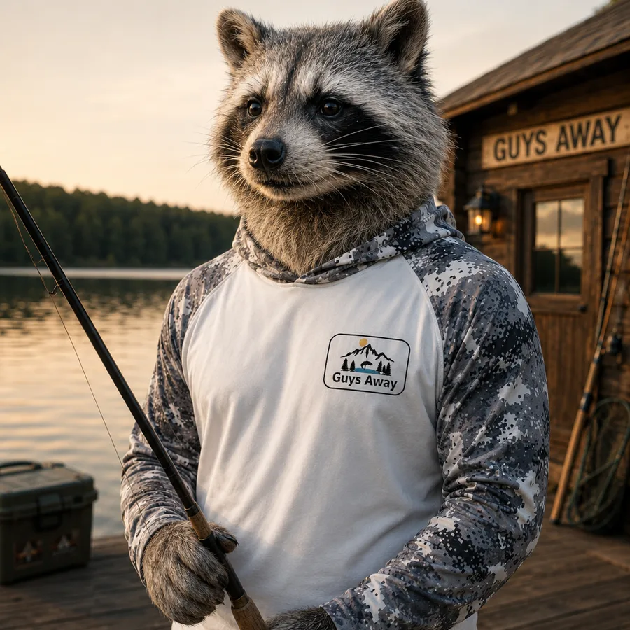 Illustration: a raccoon on a dock at sunrise in a hooded UPF sun shirt with camo sleeves, holding a rod