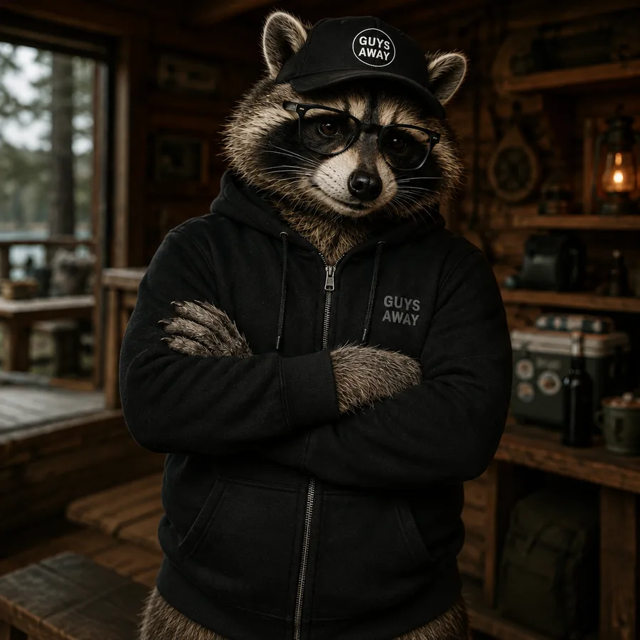 Illustration: a raccoon wearing a black zip hoodie and cap, arms crossed, inside a cabin