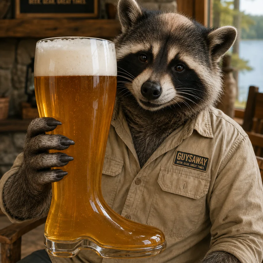 Illustration: a raccoon holds a giant boot-shaped glass full of beer, cabin interior with a lake view behind