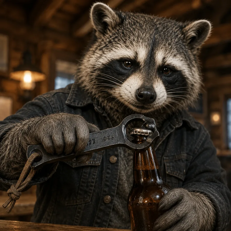 Illustration: a raccoon uses a hand-forged iron bottle opener on a beer bottle at a cabin bar