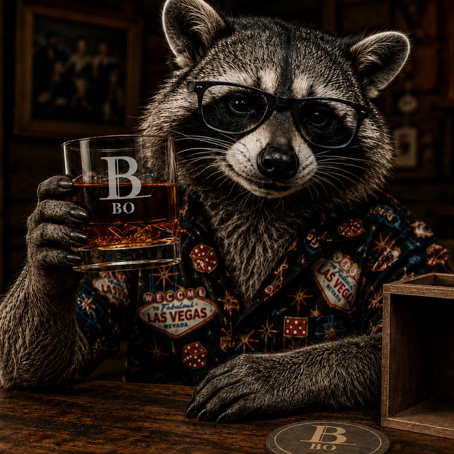 Illustration: a raccoon holding an engraved whiskey glass, presentation box and coaster on the bar beside it
